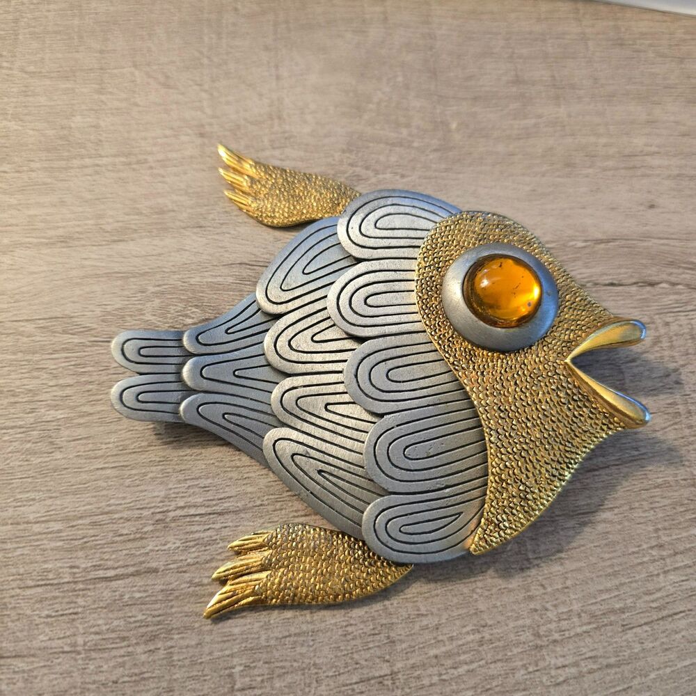 Vintage Articulated Fish Pendant Silver & Gold-Tone Metal with Amber Color Eye